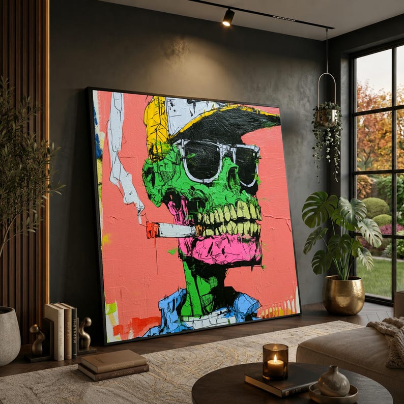 Lienzo con estampado de calavera neón, arte mural de esqueleto graffiti, decoración punk urbana. imagen 1