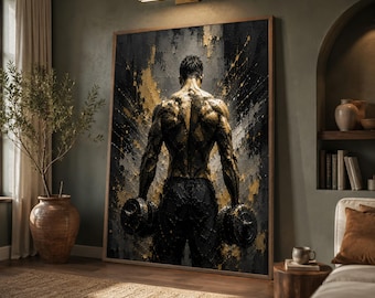 May include: A large rectangular wall art piece featuring a textured oil painting of a muscular figure seen from behind, holding dumbbells in each hand. The artwork uses a dramatic color palette of deep black, charcoal gray, and vibrant gold paint splatters.