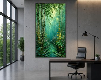 Lush Green Forest Canvas Print, Vibrant Floral Landscape Wall Art for Nature Lovers, Home Decor for Living Room or Office