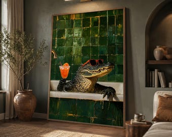 Funny Alligator in Bathtub Canvas Print, Colorful Home Decor, Modern Wall Art