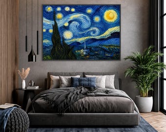 Starry Night Canvas Print, Vintage Landscape Wall Art, Blue Swirls, Yellow Stars