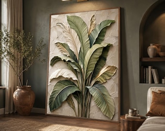 Lienzo estampado de hojas de plátano tropical, arte mural botánico en verde salvia y dorado.