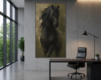 Majestic Black Horse Canvas Print, Bold Equestrian Wall Art, Modern Home Decor
