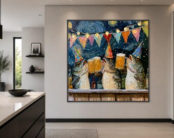 Funny Fish Party Canvas Print, Whimsical Bar Decor, Celebratory Wall Art