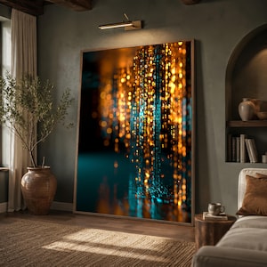 Peut inclure: Une grande œuvre d'art murale rectangulaire présentant un effet de pluie numérique verticale avec des chiffres binaires ambrés et dorés brillants tombant sur un fond bleu sarcelle profond et noir, créant un affichage visuel technologique abstrait.
