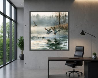 Flying Ducks Watercolor Canvas Print, Serene Nature Wall Art, Wild Life Home Decor