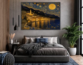 Moonlit Village Coastal Canvas Print, Vibrant Night Scene Wall Art, Gustav Klimt