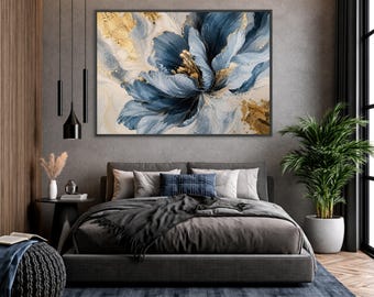 Elegant Blue Floral Canvas Print, Modern Wall Art with Gold Accents for Living Room or Bedroom Decor, Chic Home Aesthetic