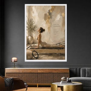 Neutral Pilates Canvas Print, Beige Wellness Wall Art, Serene Bedroom Decor, Fitness Poster White Frame