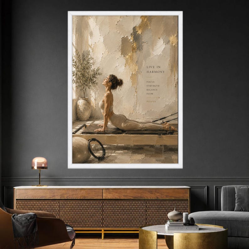 Neutral Pilates Canvas Print, Beige Wellness Wall Art, Serene Bedroom Decor, Fitness Poster White Frame