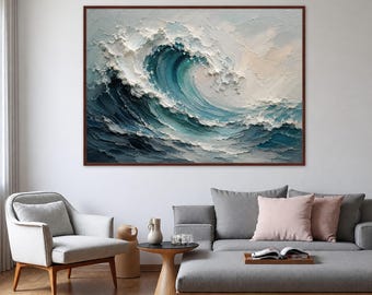 Abstract Ocean Wave Canvas Print, Blue White Coastal Japandi Beach Decor