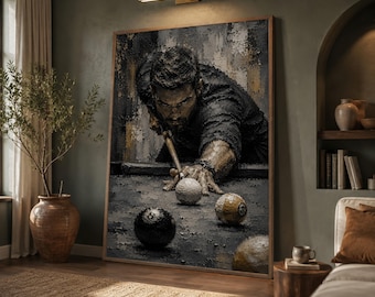 Moody Billiards Player Canvas Print, Cue Sports Game Room Art, Snooker Table Poster