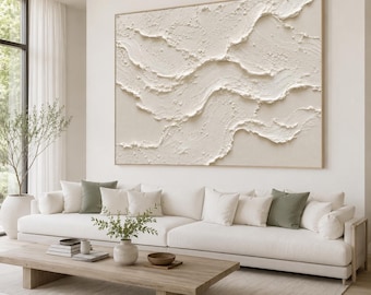 Abstract Plaster Painting, Textured White Relief Canvas, Modern Minimalist Wall Art