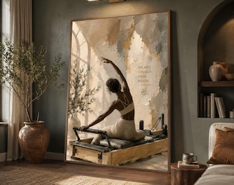 Pilates Reformer Canvas Print, Neutral Beige Studio Art, Black Woman Exercise Poster