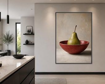 Minimalist Pear in Bowl Canvas Print, Neutral Kitchen Wall Art, Modern Home Decor