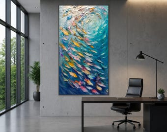 Lienzo impreso con diseño de un banco de peces coloridos, arte abstracto para pared con temática oceánica, decoración costera.