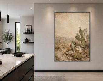 Desert Cactus Canvas Wall Art, Vintage Southwest Landscape Print, Neutral Rustic Decor