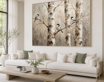 Birch Tree Bird Canvas Print, Neutral Nature Wall Art, Rustic Home Decor