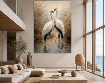 Elegante lámina decorativa de grulla para pared, lienzo con paisajes naturales serenos, decoración del hogar.