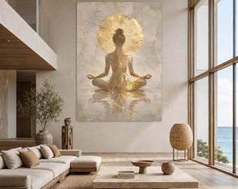 Serene Gold Gray Meditation Canvas Print, Tranquil Home Decor Art