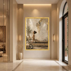 Neutral Pilates Canvas Print, Beige Wellness Wall Art, Serene Bedroom Decor, Fitness Poster Gold Frame
