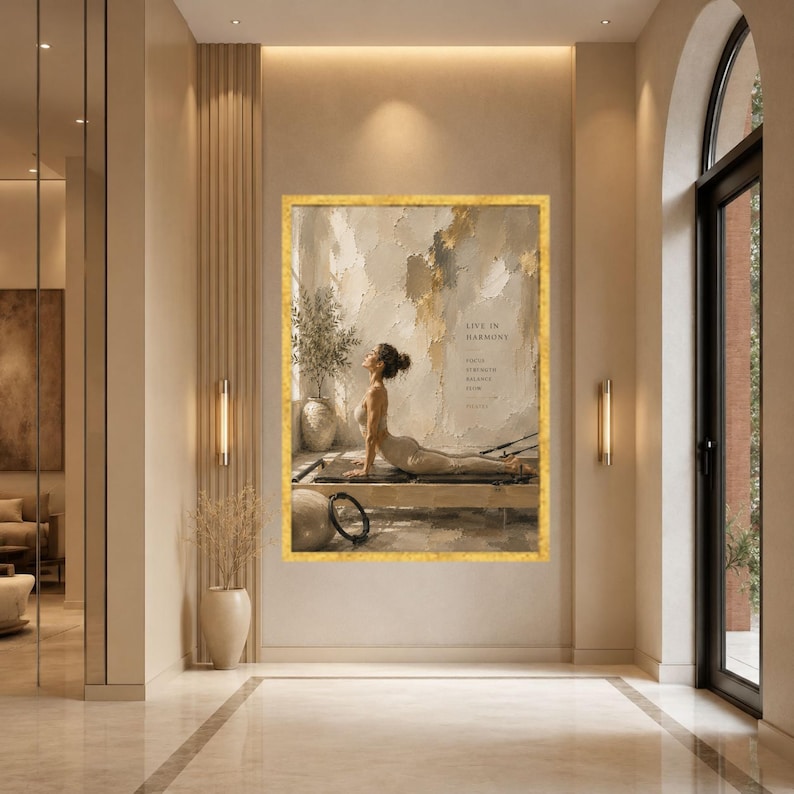 Neutral Pilates Canvas Print, Beige Wellness Wall Art, Serene Bedroom Decor, Fitness Poster Gold Frame
