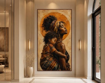 Black Mother And Child Canvas Print, African American Woman Portrait Wall Art, Headwrap Figure, Warm Brown Boho Decor, black mother art