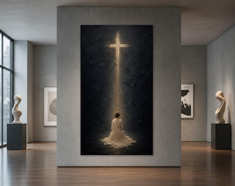 Moody Christian Canvas Print, Woman in Prayer Under Cross Light, Spiritual Home Decor
