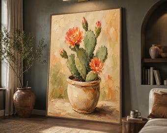 Prickly Pear Cactus Canvas Print, Potted Desert Flower Wall Art, Orange Bloom Botanical Decor, Southwest Beige Artwork, cactus wall art