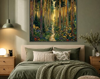 Lienzo con estampado de bosque vintage, arte de sendero boscoso colorido, decoración de pared de naturaleza, Gustav Klimt