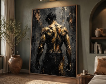 Moody Black Gold Male Figure Canvas Print, Abstract Portrait, Masculine Art