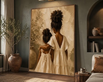 Black Sister Figure Print, Neutral Beige Brown Tones Canvas Art, Modern Wall Art
