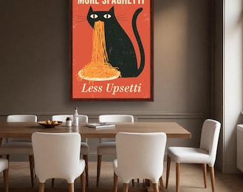 Lienzo con estampado de espaguetis y gato negro, arte de pared retro para la cocina, decoración de pasta original.