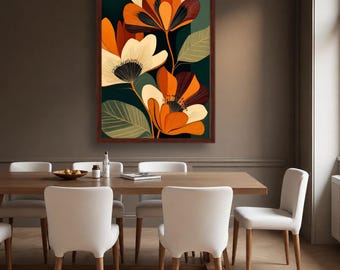 Modern Floral Canvas Print, Abstract Flower Wall Art, Warm Tones, Green Background