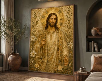 Religious Wall Art Print, Golden Christ Canvas Print, Spiritual Home Decor, Inspirational Artwork for Living Room or Office