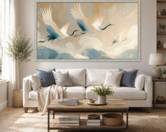 Flying Crane Canvas Print, Blue And Cream Bird Wall Art, Serene Sky Nature Decor, Coastal Asian Style Artwork For Living Room