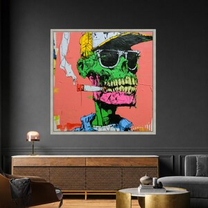 Lienzo con estampado de calavera neón, arte mural de esqueleto graffiti, decoración punk urbana. Silver Frame