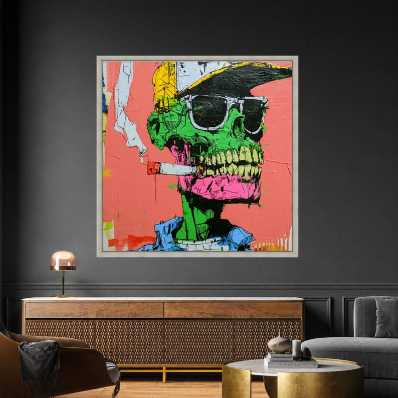 Lienzo con estampado de calavera neón, arte mural de esqueleto graffiti, decoración punk urbana. Silver Frame