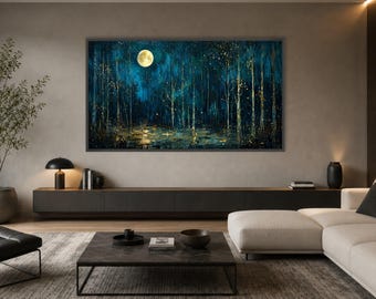 Moonlit Forest Canvas Print, Dark Blue and Gold Wall Art, Mystical Night Landscape for Living Room or Bedroom Decor, dark blue art