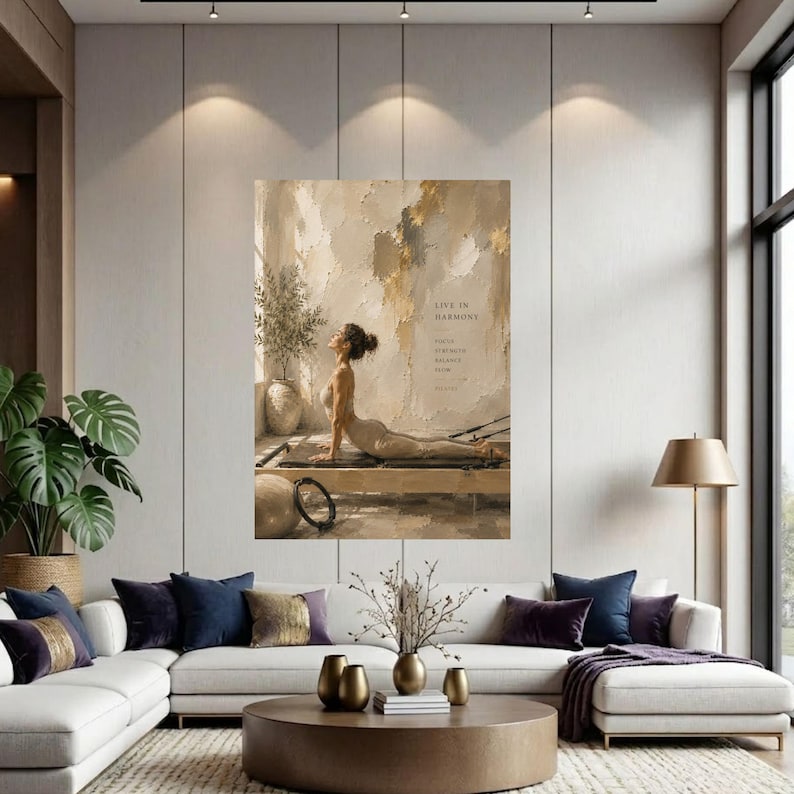 Neutral Pilates Canvas Print, Beige Wellness Wall Art, Serene Bedroom Decor, Fitness Poster Stretched Wood Canvas