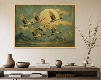 Vintage Crane Canvas Print, Moonlit Sky Landscape, Nature Wall Art