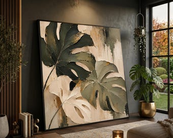 Monstera Leaves Canvas Print, Modern Nature Wall Art, Neutral Tones, Green Home Decor