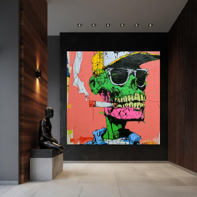 Lienzo con estampado de calavera neón, arte mural de esqueleto graffiti, decoración punk urbana. Stretched Wood Canvas