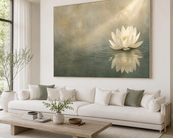 Elegante lienzo con estampado de loto blanco, arte mural con reflejo sereno en el agua, decoración tranquila para el hogar.