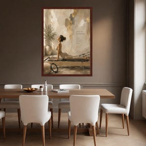 Neutral Pilates Canvas Print, Beige Wellness Wall Art, Serene Bedroom Decor, Fitness Poster Brown Frame