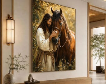 Inspirational Jesus and Horse Canvas Print, Serene Religious Wall Art for Home Decor, Spiritual Nature Artwork, jesus wall art
