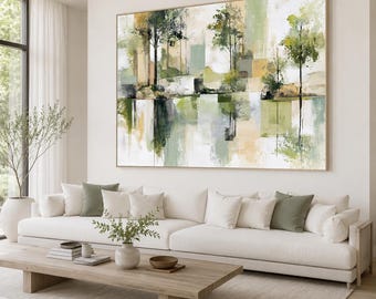 Abstract Landscape Canvas Print, Green Beige Tree Lake Reflection, Modern Nature Decor