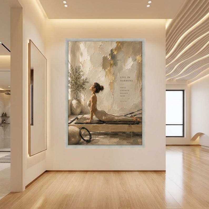 Neutral Pilates Canvas Print, Beige Wellness Wall Art, Serene Bedroom Decor, Fitness Poster Silver Frame