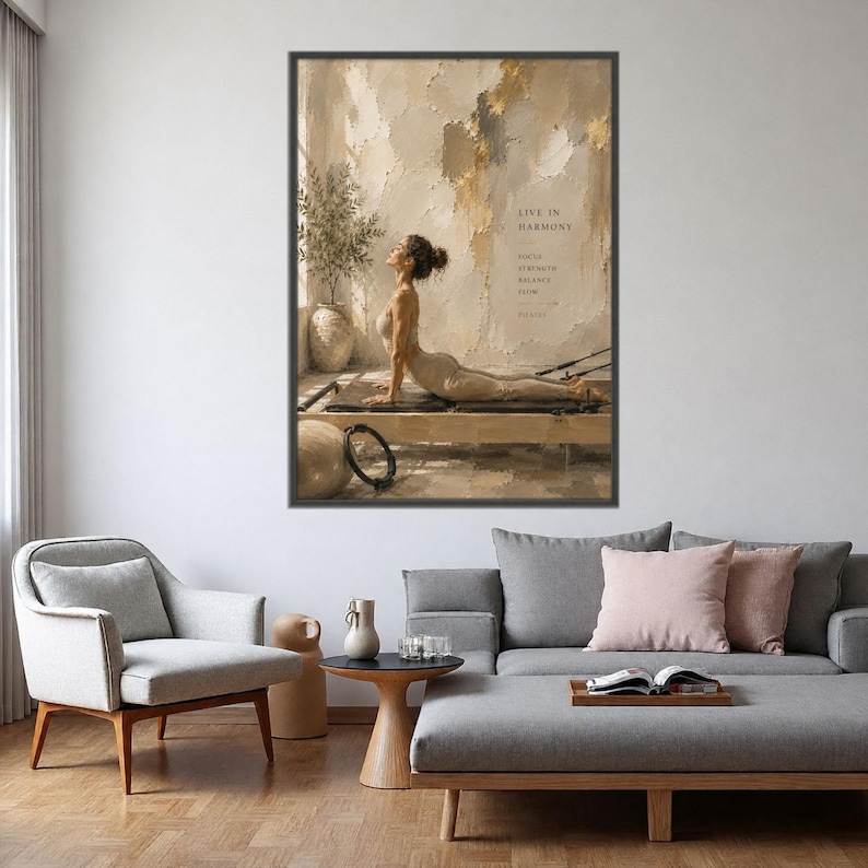 Neutral Pilates Canvas Print, Beige Wellness Wall Art, Serene Bedroom Decor, Fitness Poster Black Frame