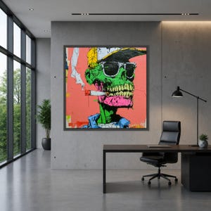 Lienzo con estampado de calavera neón, arte mural de esqueleto graffiti, decoración punk urbana. Black Frame